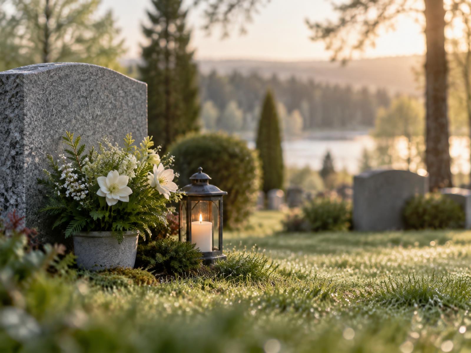 Grav med vita blommor och ett tänt gravljus i mjukt morgonljus